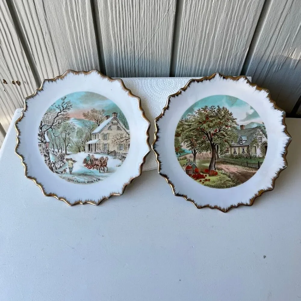 VTG Currier & Ives Autumn & Winter Plates 7.25” Gold Trim Wall Decor Set of 2